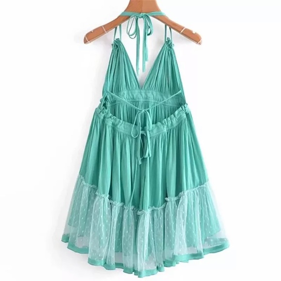 Mint Swiss Dot Mesh Boho Halter Mini Dress - Picture 2 of 4